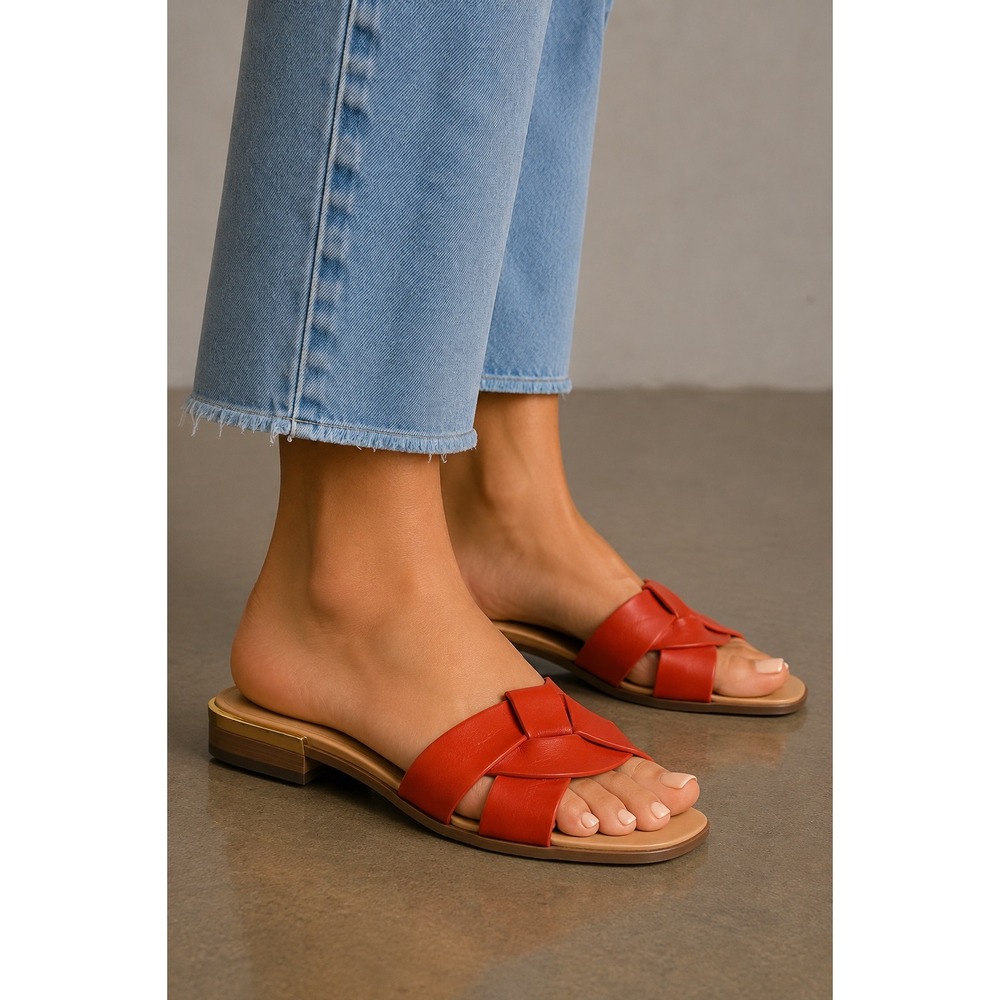 Zara Women Orange Red Interwoven Leather Flat Slide Sandals Square Toe Size 38